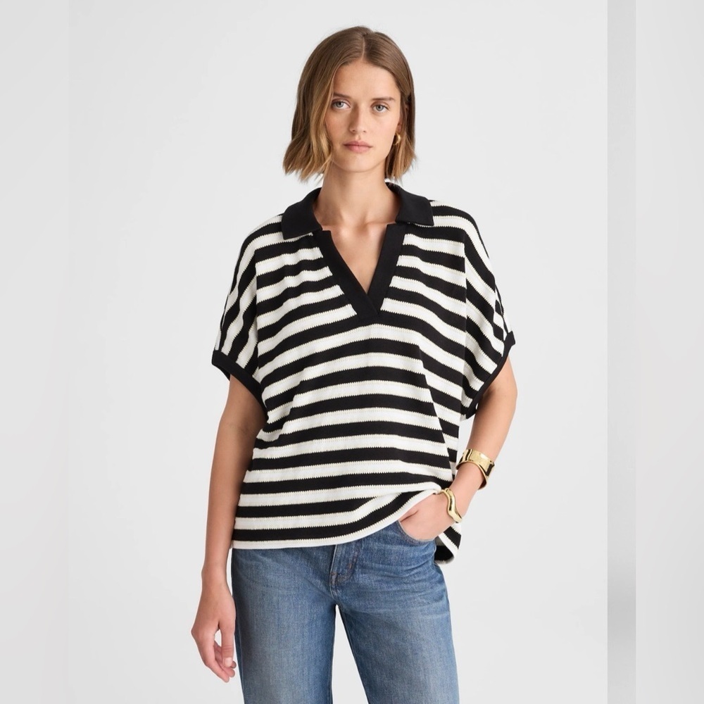 Madewell Relaxed V-Neck Polo Shirt in Stripe Green Size S